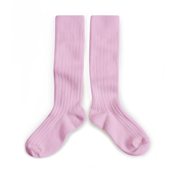 Chaussettes hautes maille côtelée à pompons coloris Rose Pâle Chaussettes hautes maille côtelée à pompons coloris Rose Pâle