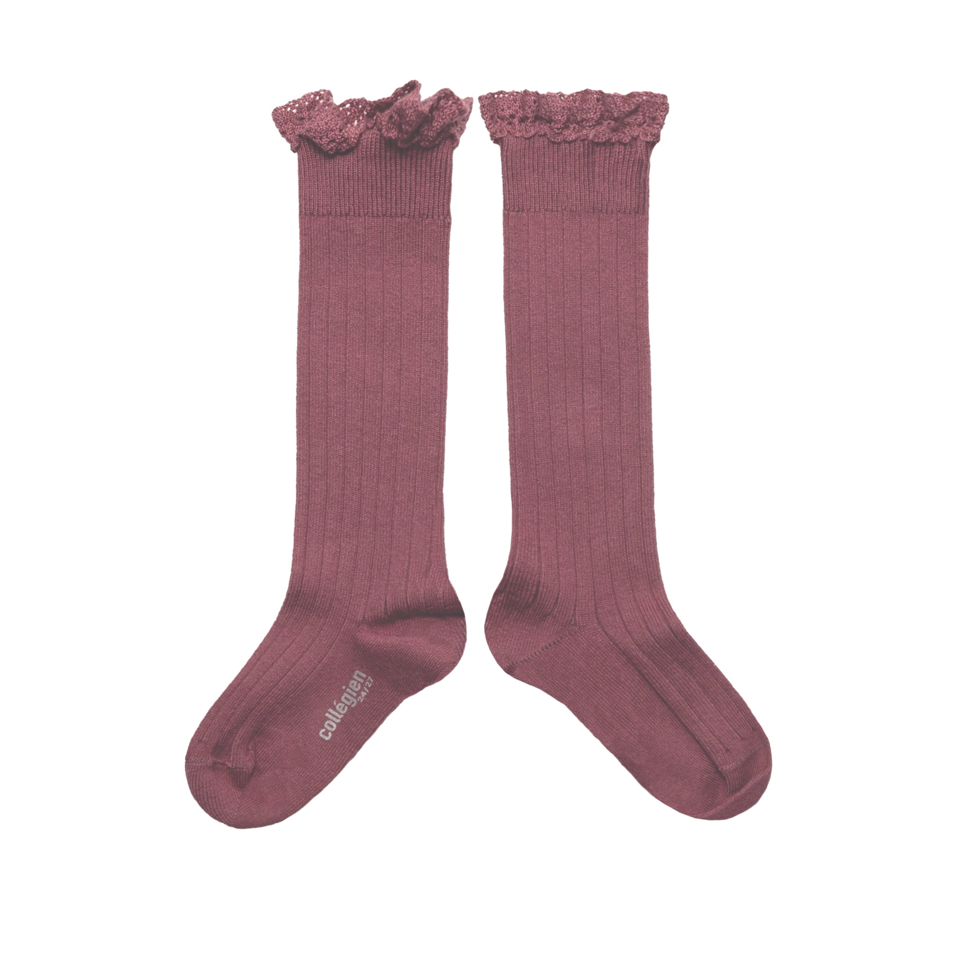 collégien Joséphine - Chaussettes hautes à côtes avec dentelle - Raisin Rose