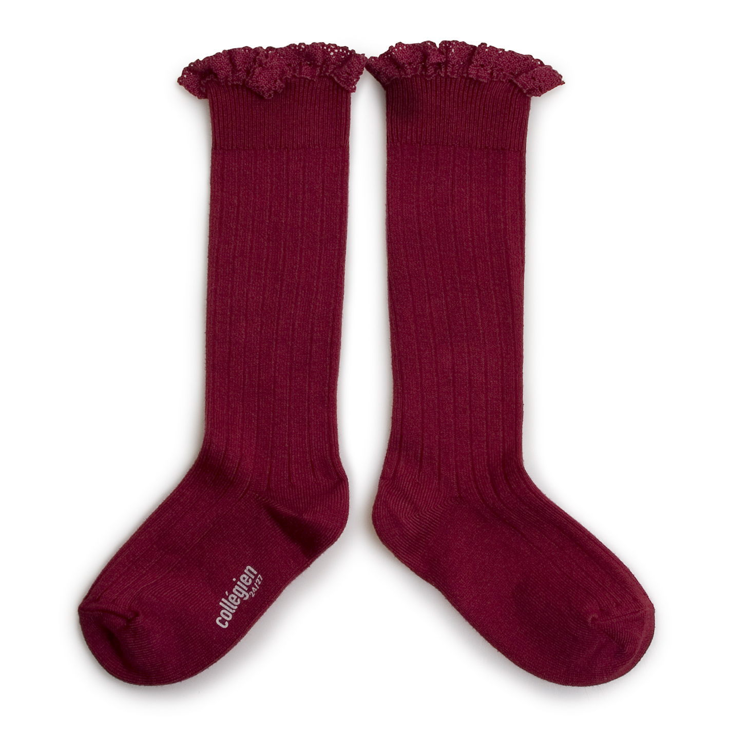 Joséphine Chaussettes hautes à côtes avec dentelle Framboise