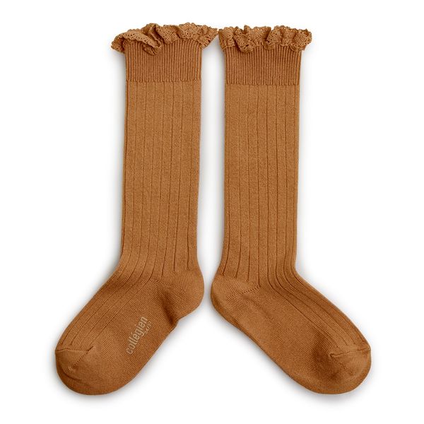 Joséphine Chaussettes hautes à côtes avec dentelle Caramel au