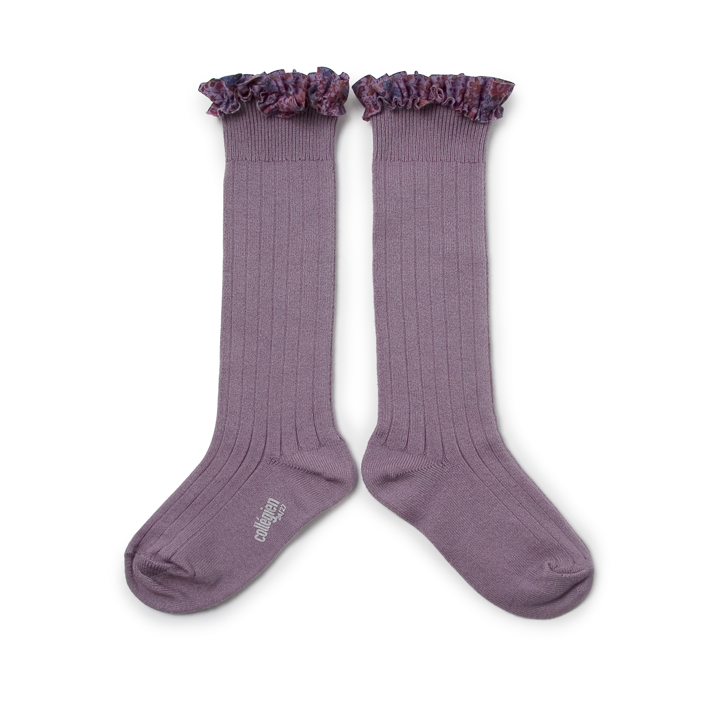 collégien Elisabeth - Chaussettes hautes à côtes avec volant Liberty - Glycine du Japon