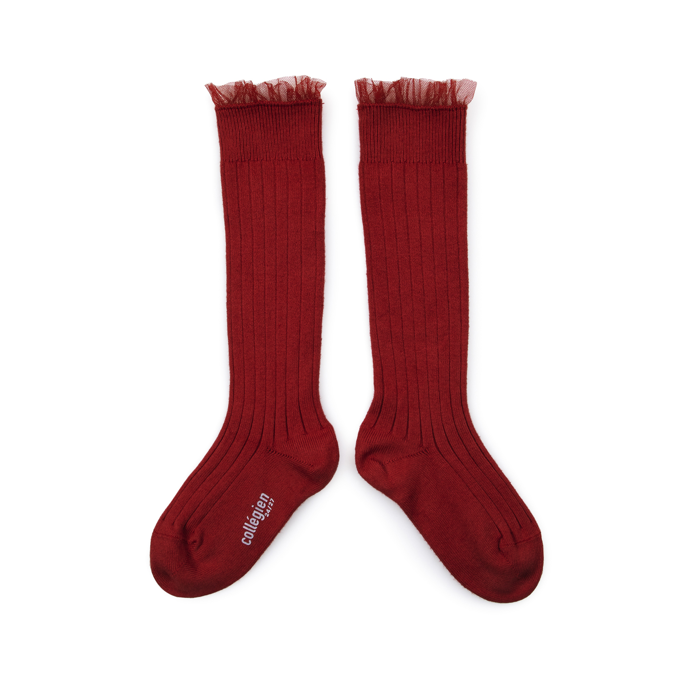 Manon Chaussettes hautes a cotes avec volant tulle Rouge Carmin