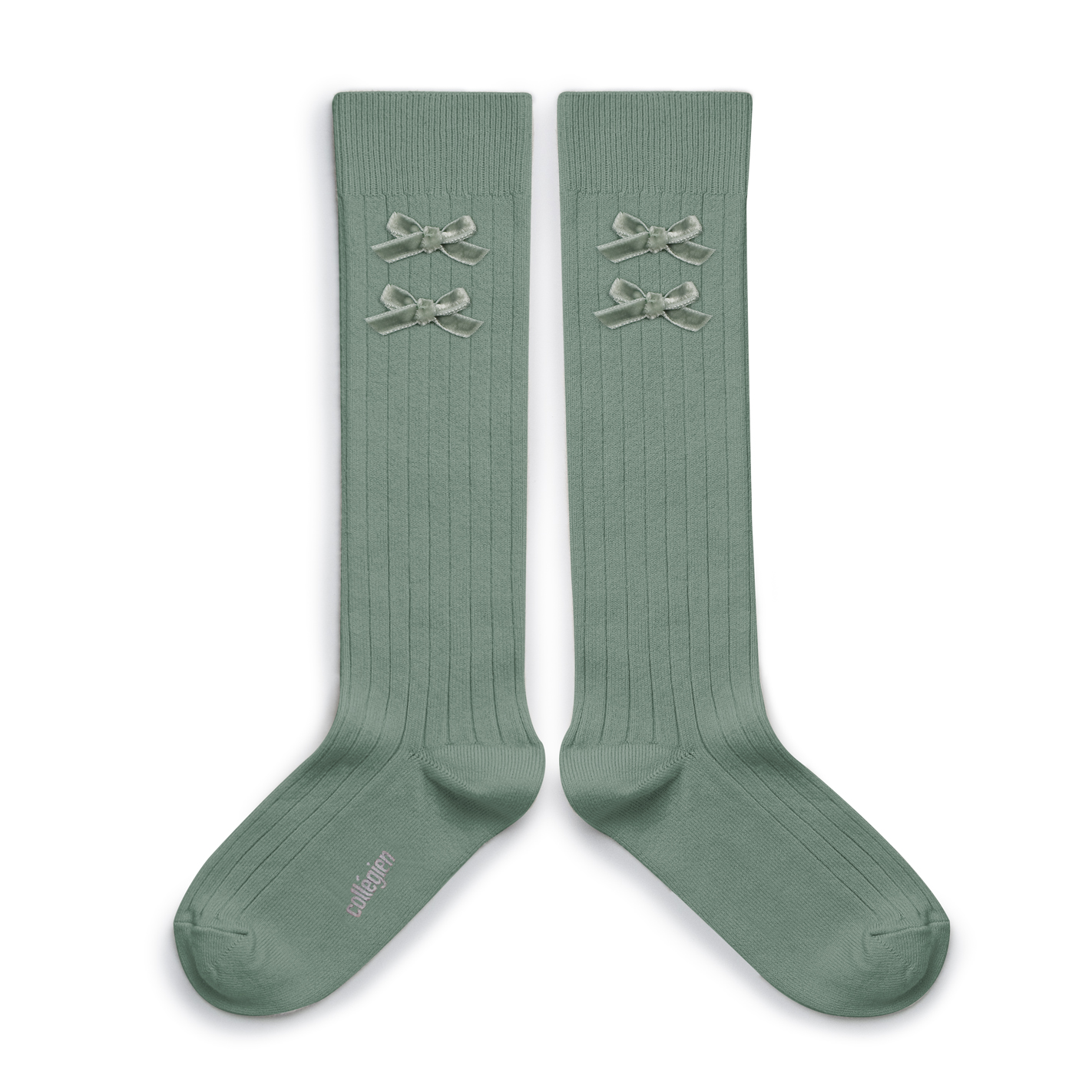 collégien Hortense - Chaussettes hautes à côtes avec Noeuds en Velours - Céladon