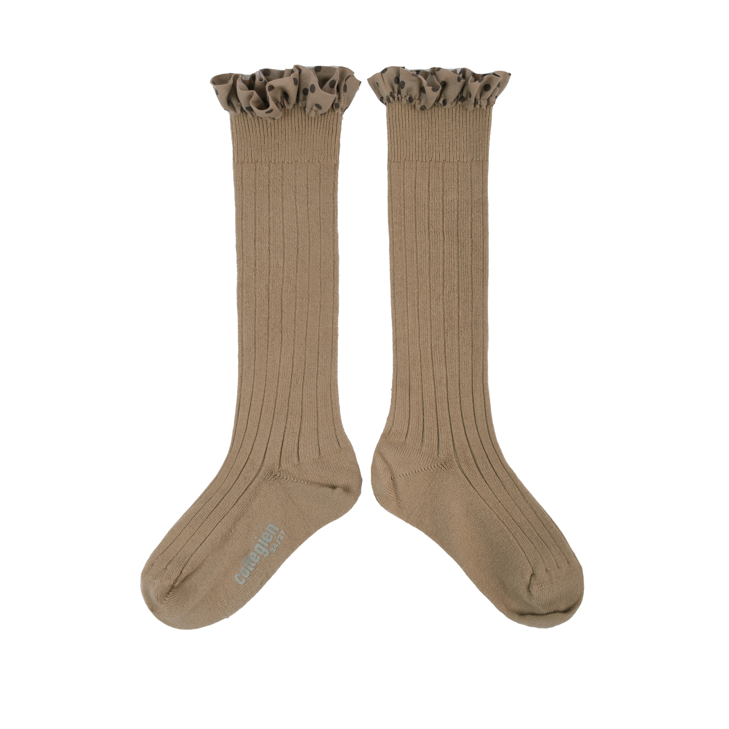 collégien Maud - Chaussettes hautes à côtes avec volant à pois - Petite Taupe