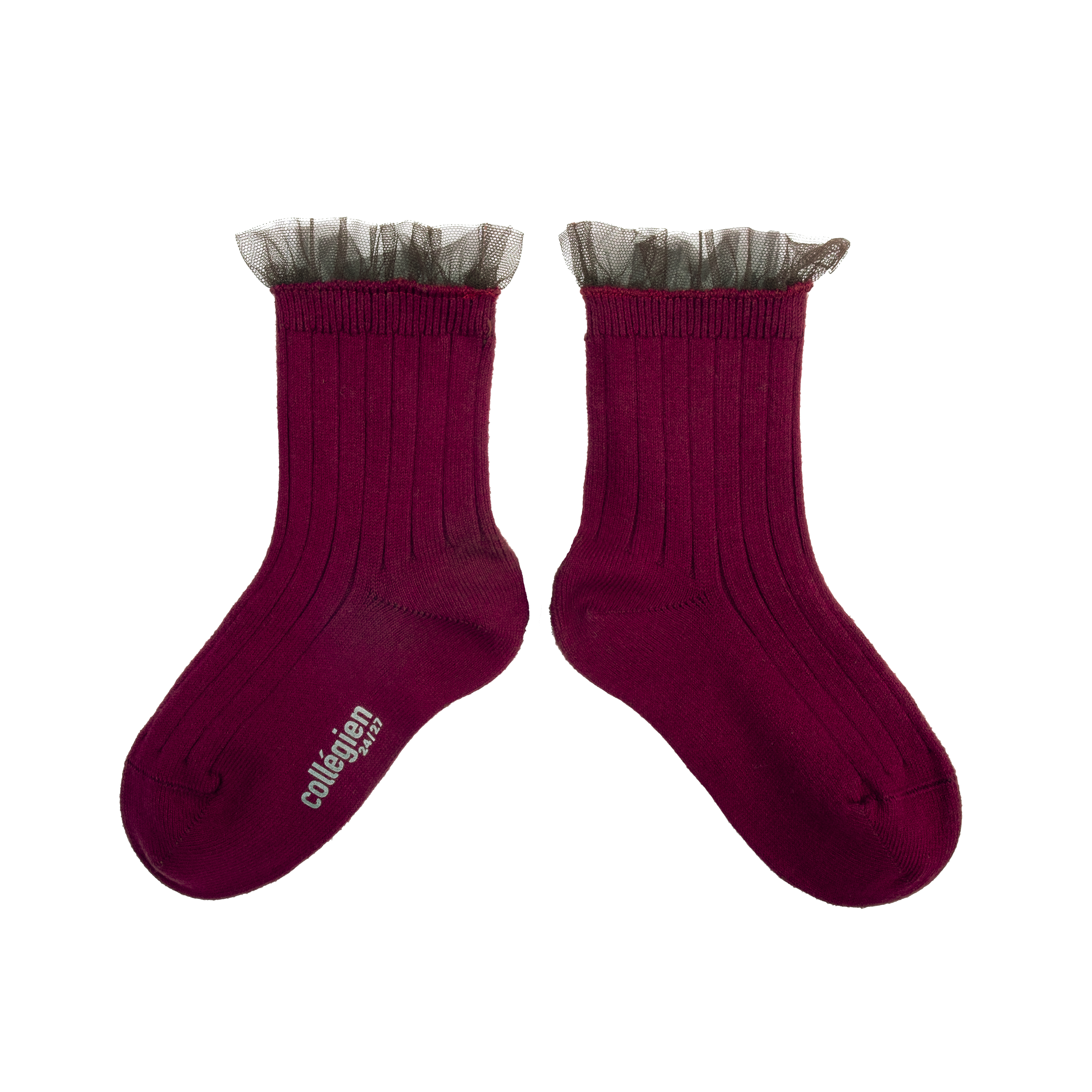 collégien Margaux - Chaussettes courtes à côtes avec volant tulle - Bordeaux Grand Cru