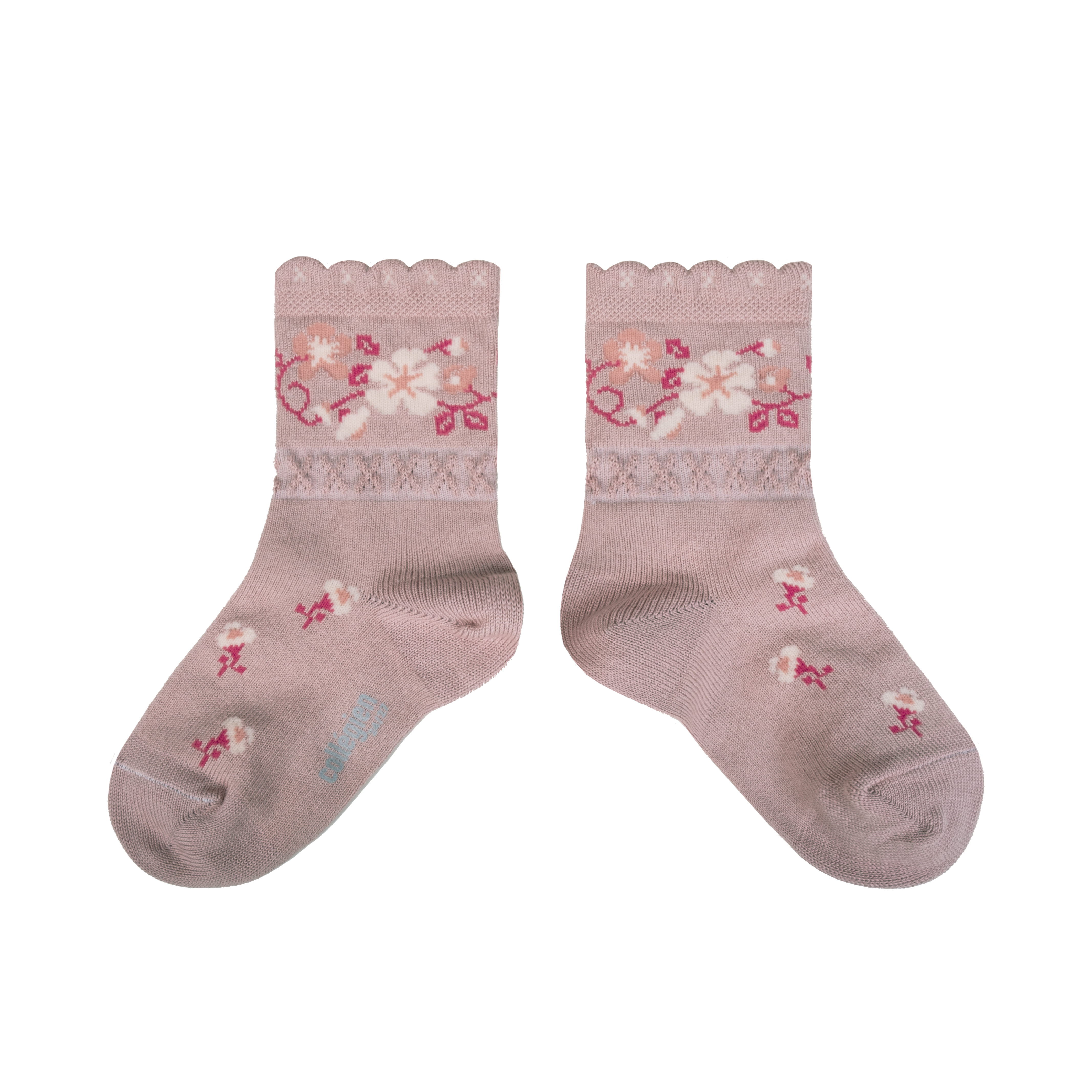 collégien Camélia - Chaussettes courtes motifs à fleurs - Vieux Rose