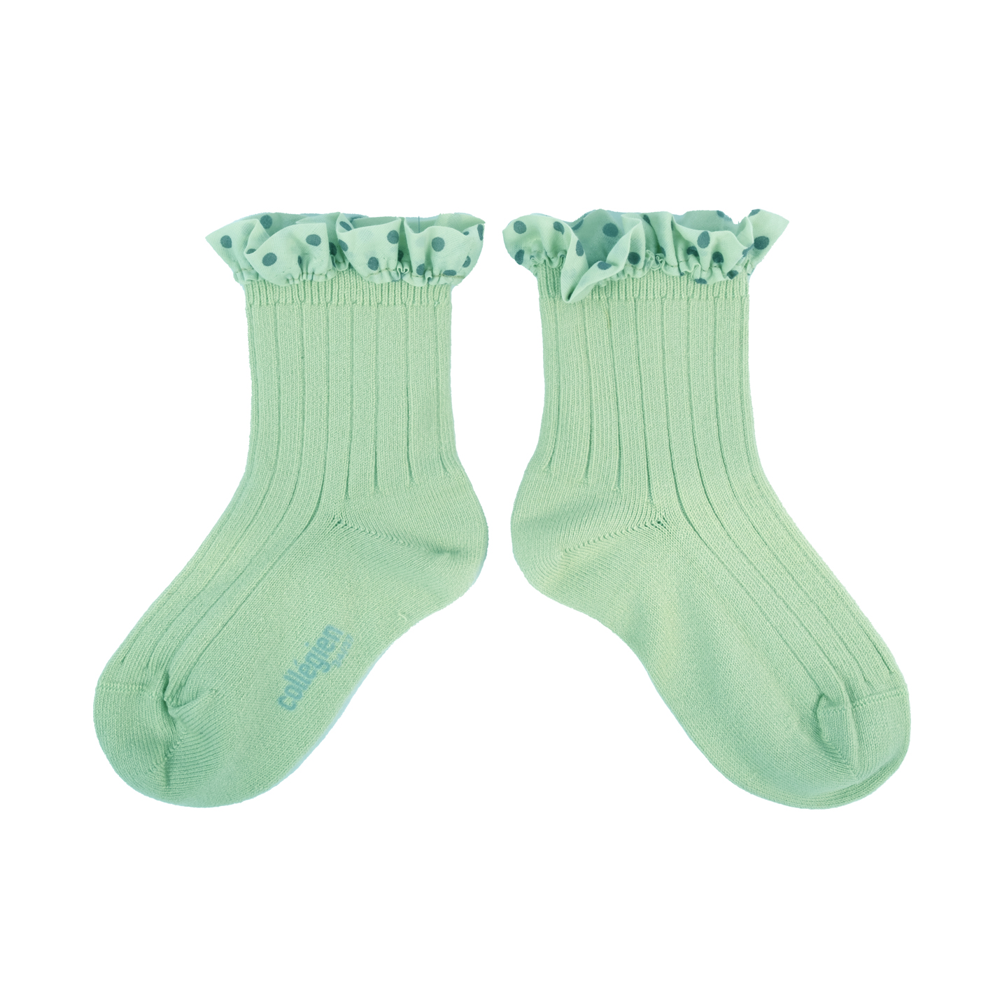 collégien Emilie - Chaussettes courtes à côtes avec volant à pois - Verveine