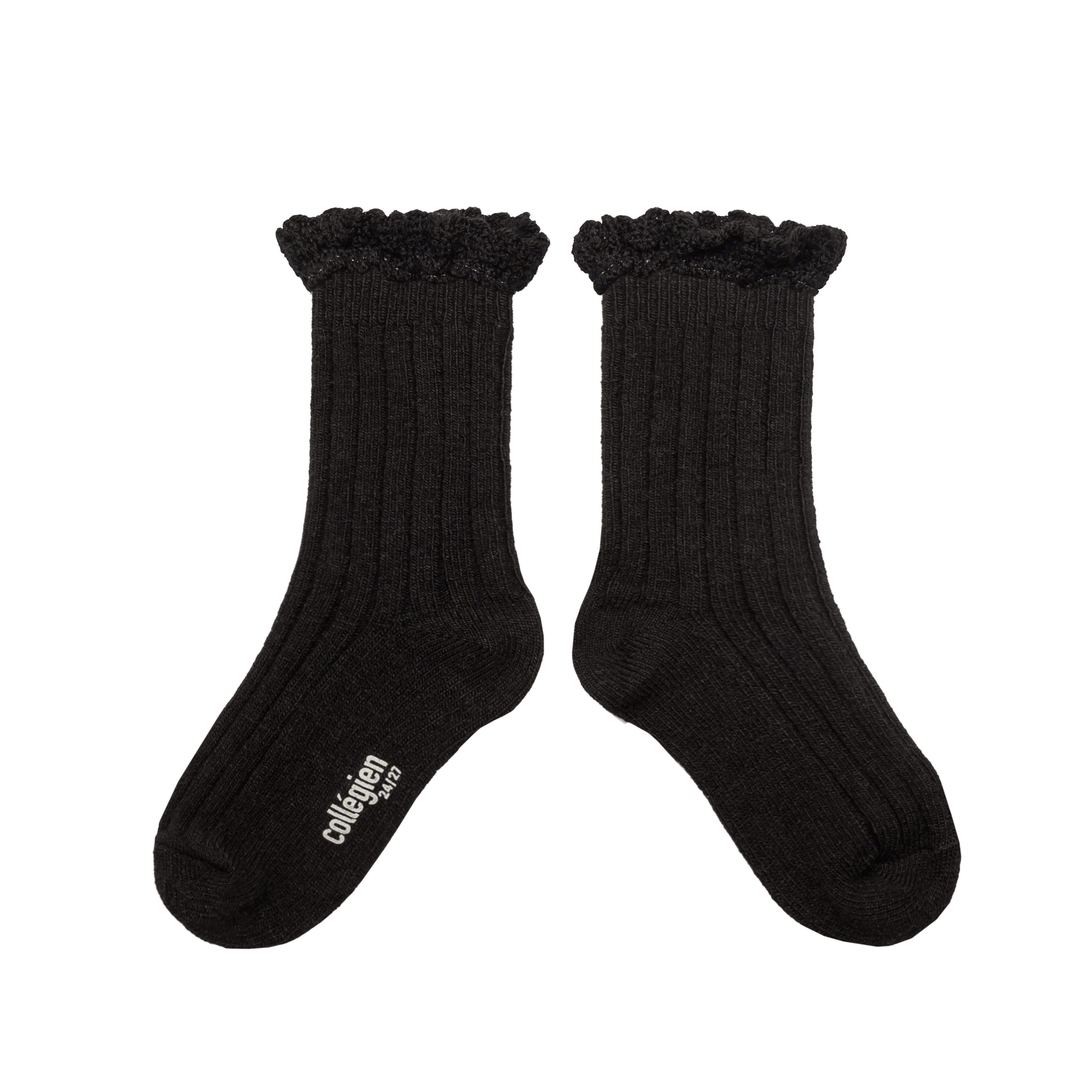 collégien Hermine - Chaussettes cachemire et laine avec dentelle - Noir de Charbon