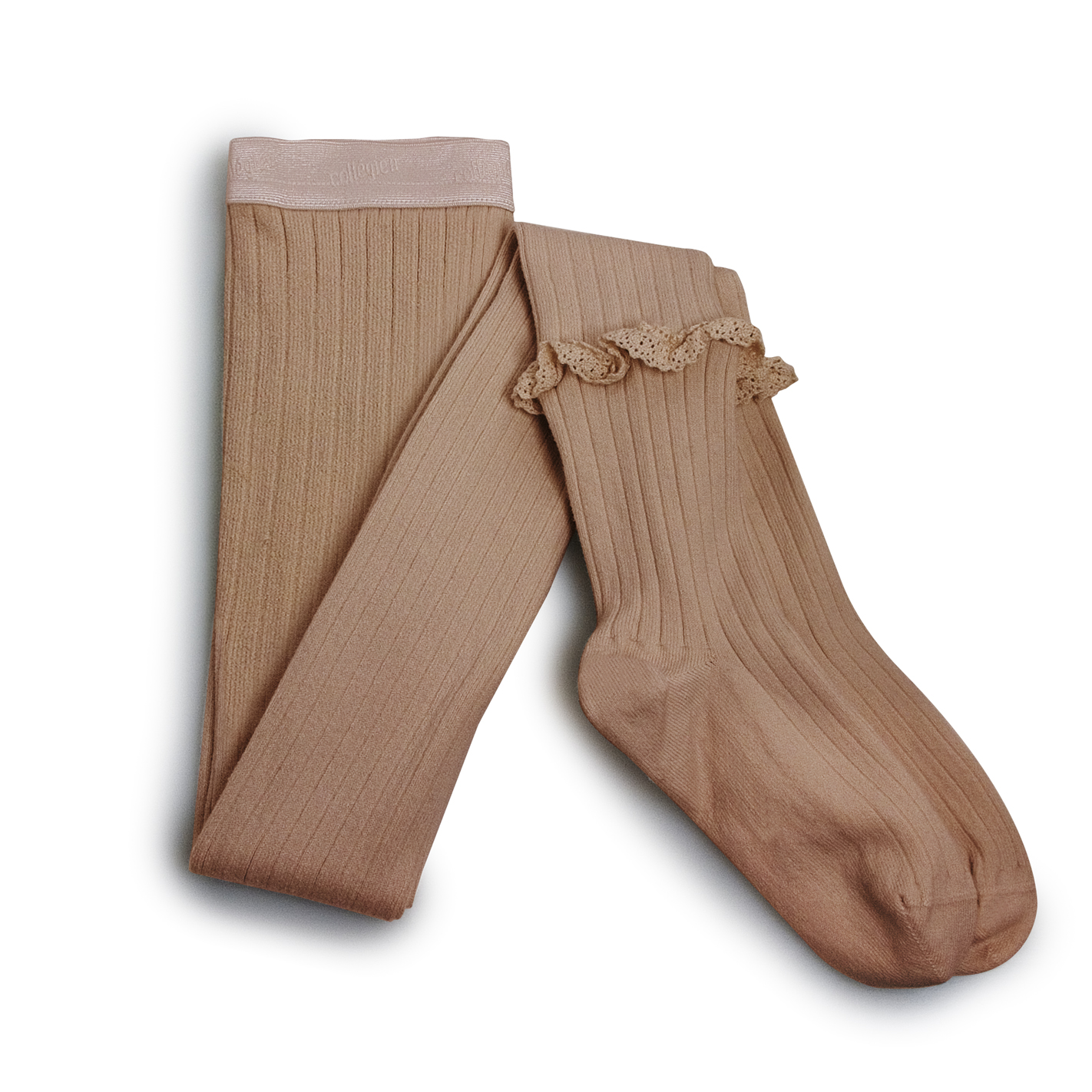 collégien Chloé - Collants à côtes avec dentelle - Praline de Lyon