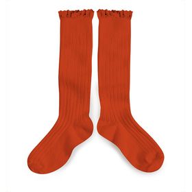 Chaussettes Joséphine avec dentelle hautes à côtes orange confite